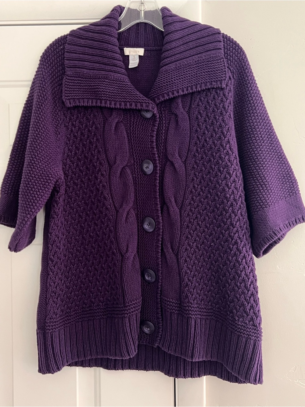 Chico's Deep Purple Cable Knit Shawl-Collar Button Cardigan